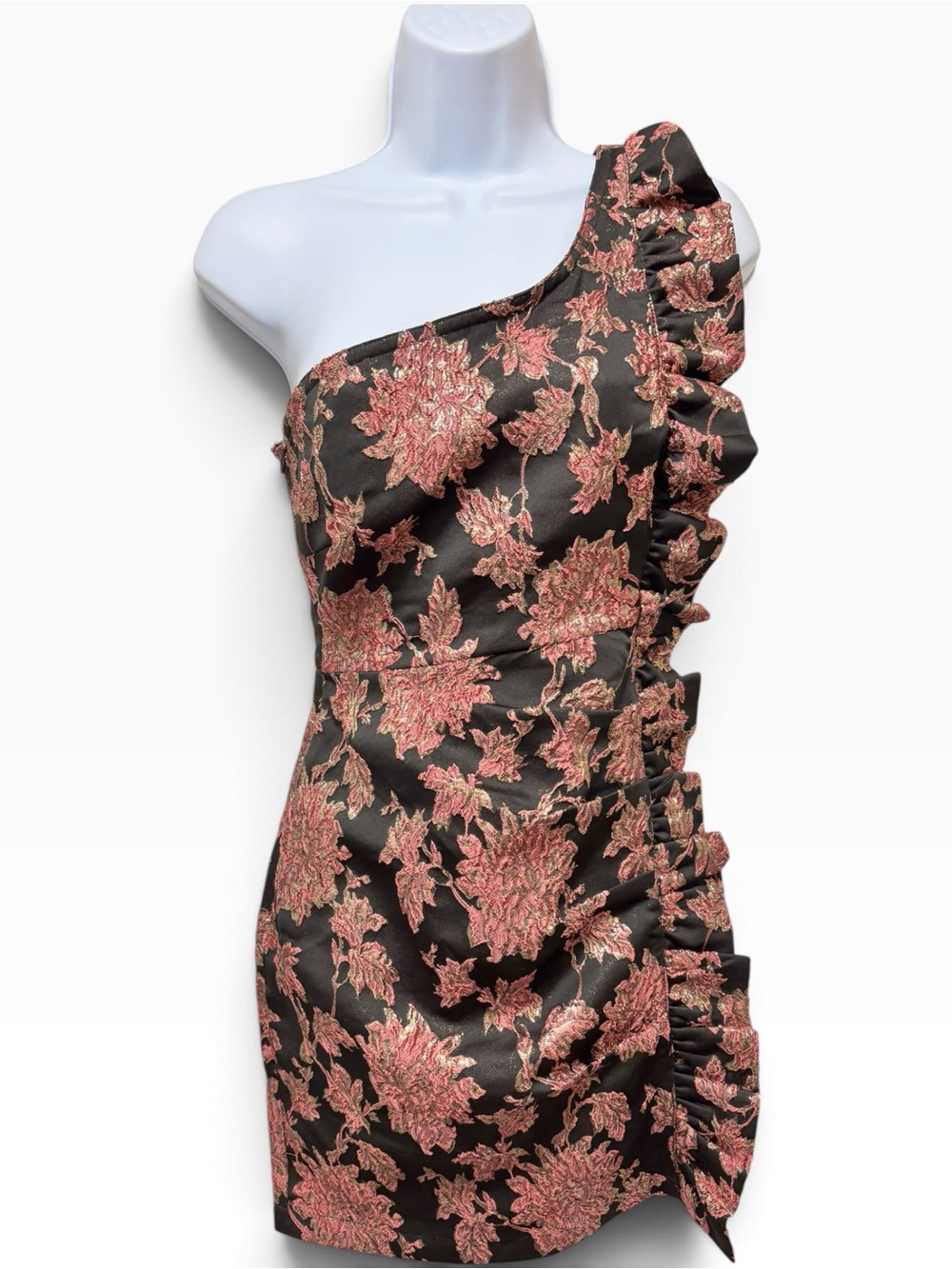 For Love & Lemons Luella Metallic Jacquard One-Shoulder Dress S - Picture 2 of 6